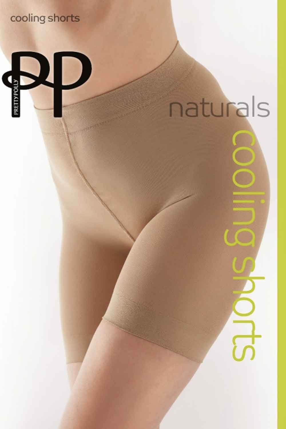 Beige cooling shorts with brand logo on a white background