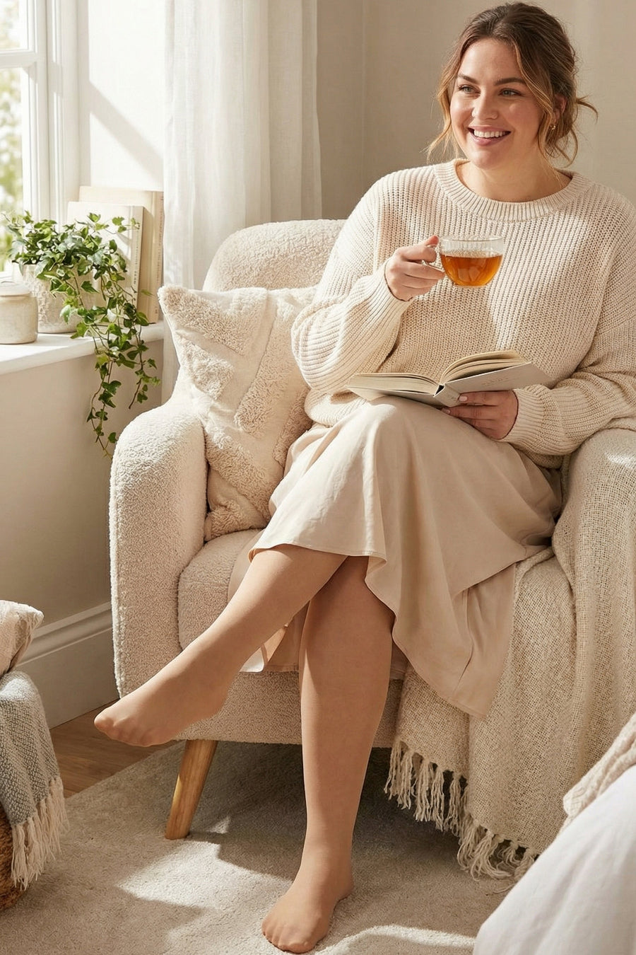 Woman sitting on an armchair in a beige outfit with tights 