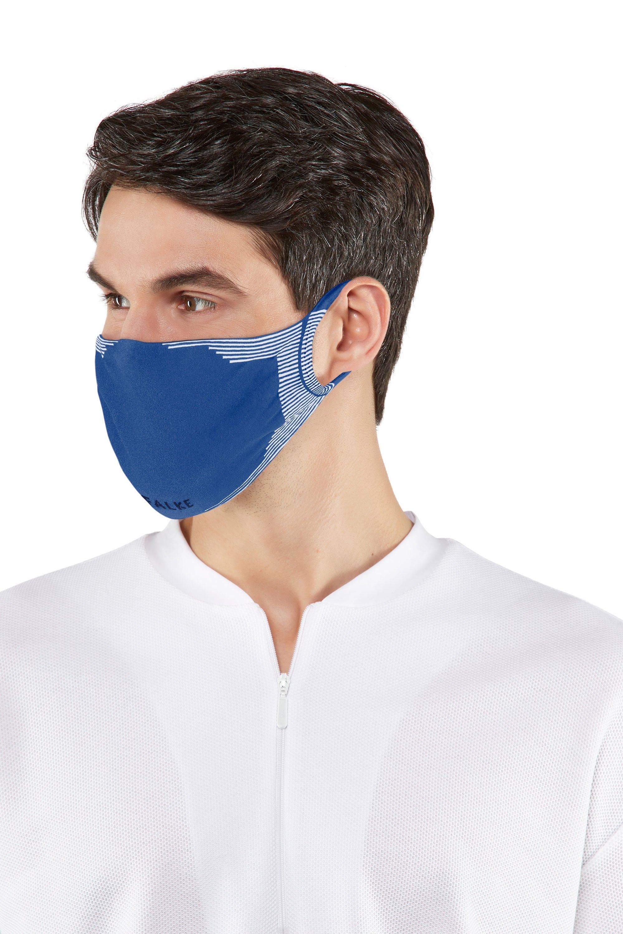 Man wearing a olympic blue patterned face mask against a white background