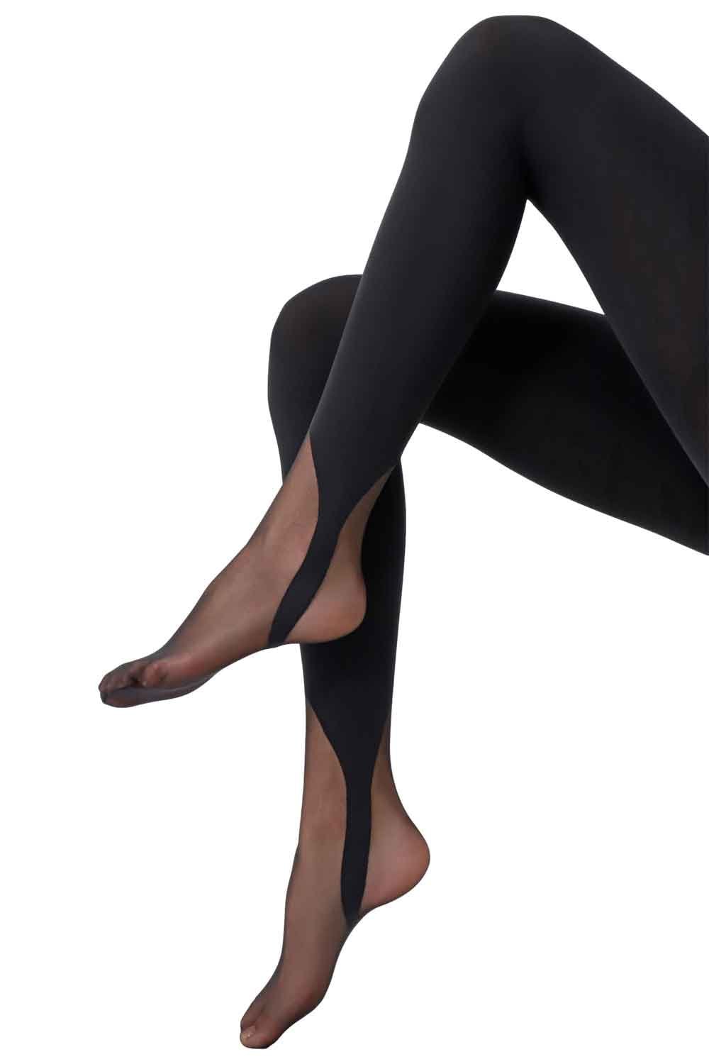 Black tights with gaiter effect worn by a person on a white background