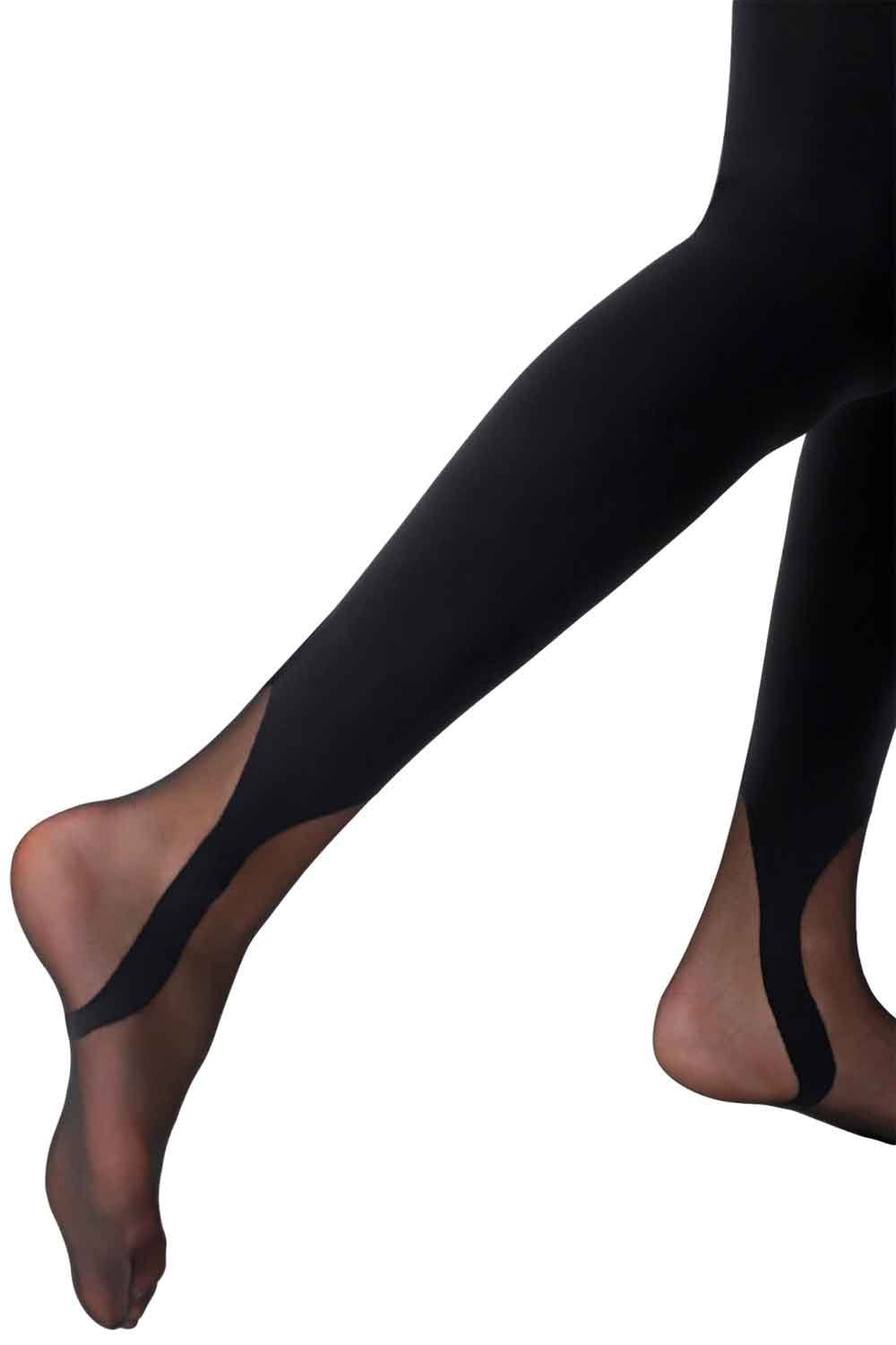 Black tights with gaiter effect worn by a person on a white background