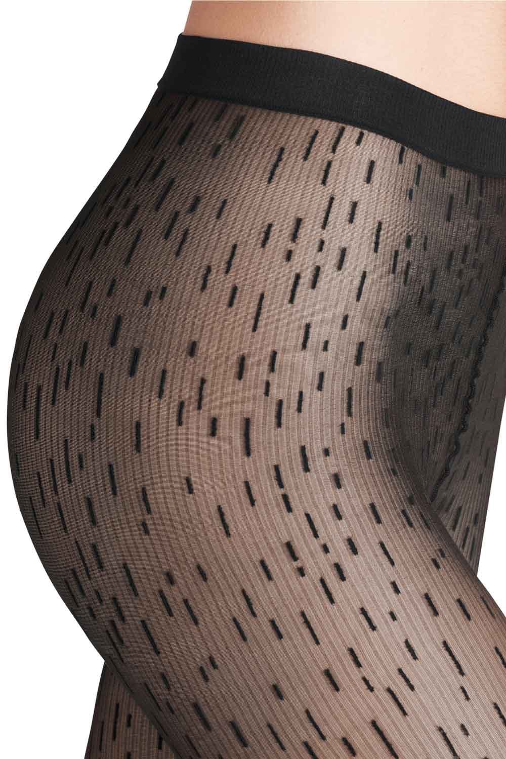 Flaw patterned  tights with black pattern and black waistband on a white background