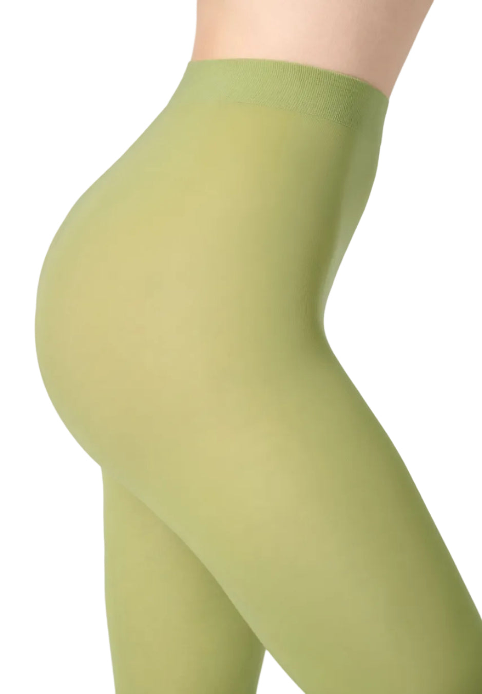 Green tights worn by a person on a white background