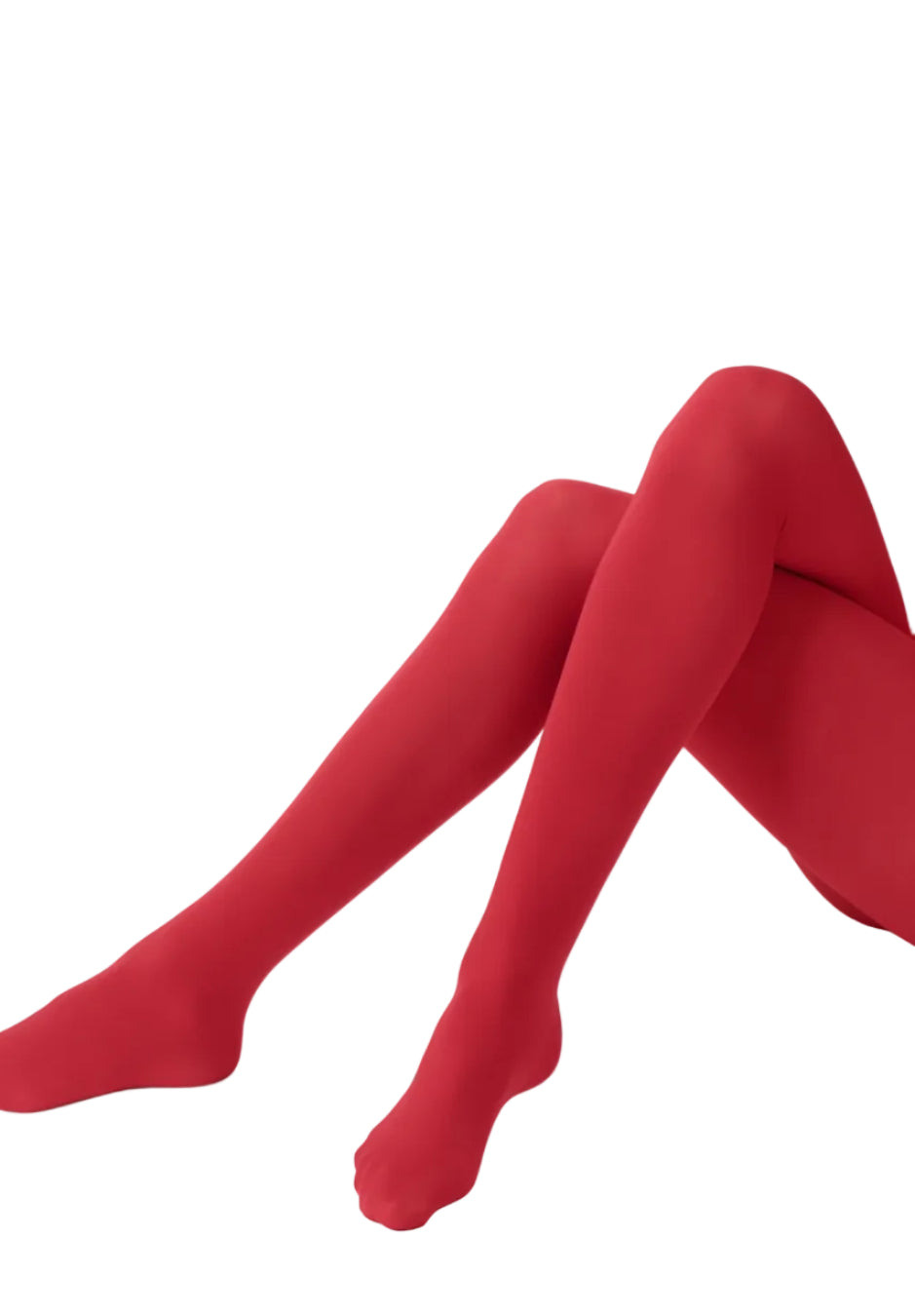 Red tights worn by a person on a white background