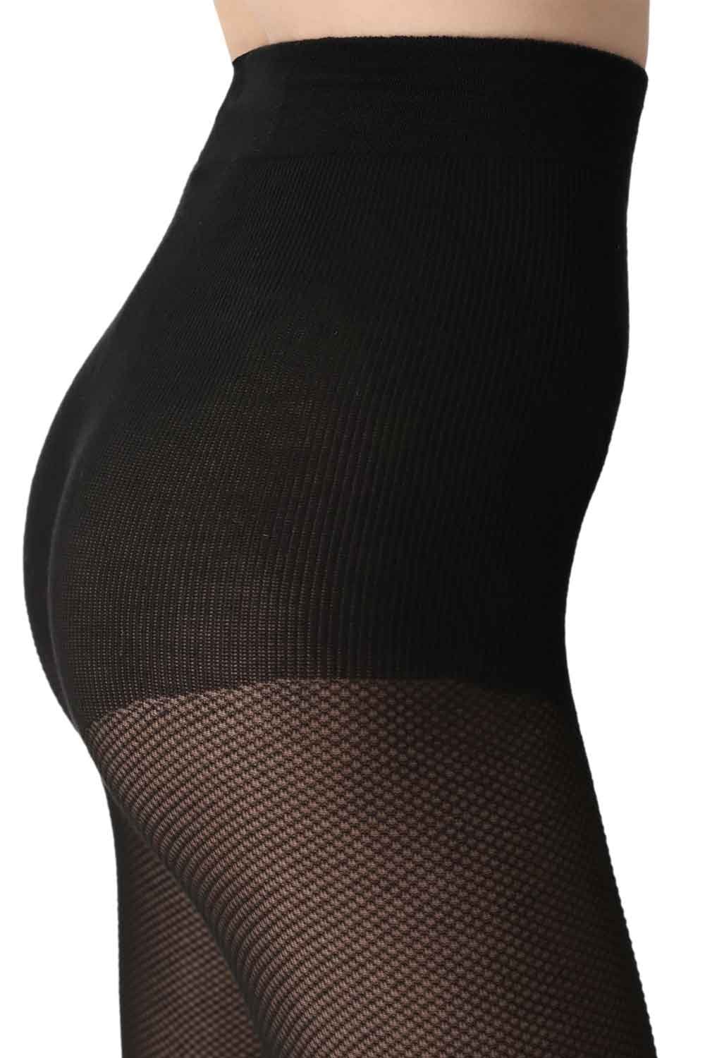 Black piquet  tights with a patterned bottom section on a white background