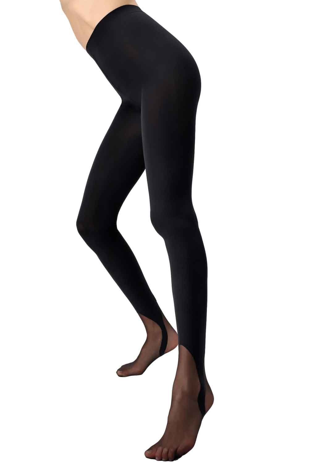 Black tights with gaiter effect worn by a person on a white background