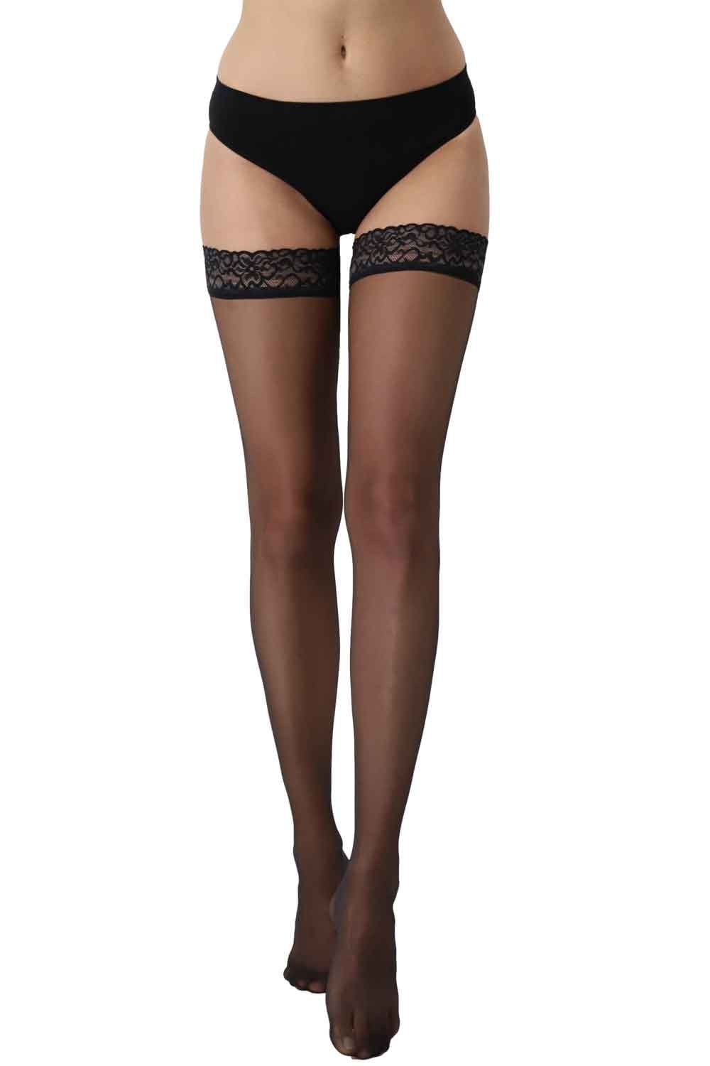 Black lace top hold ups on a white background