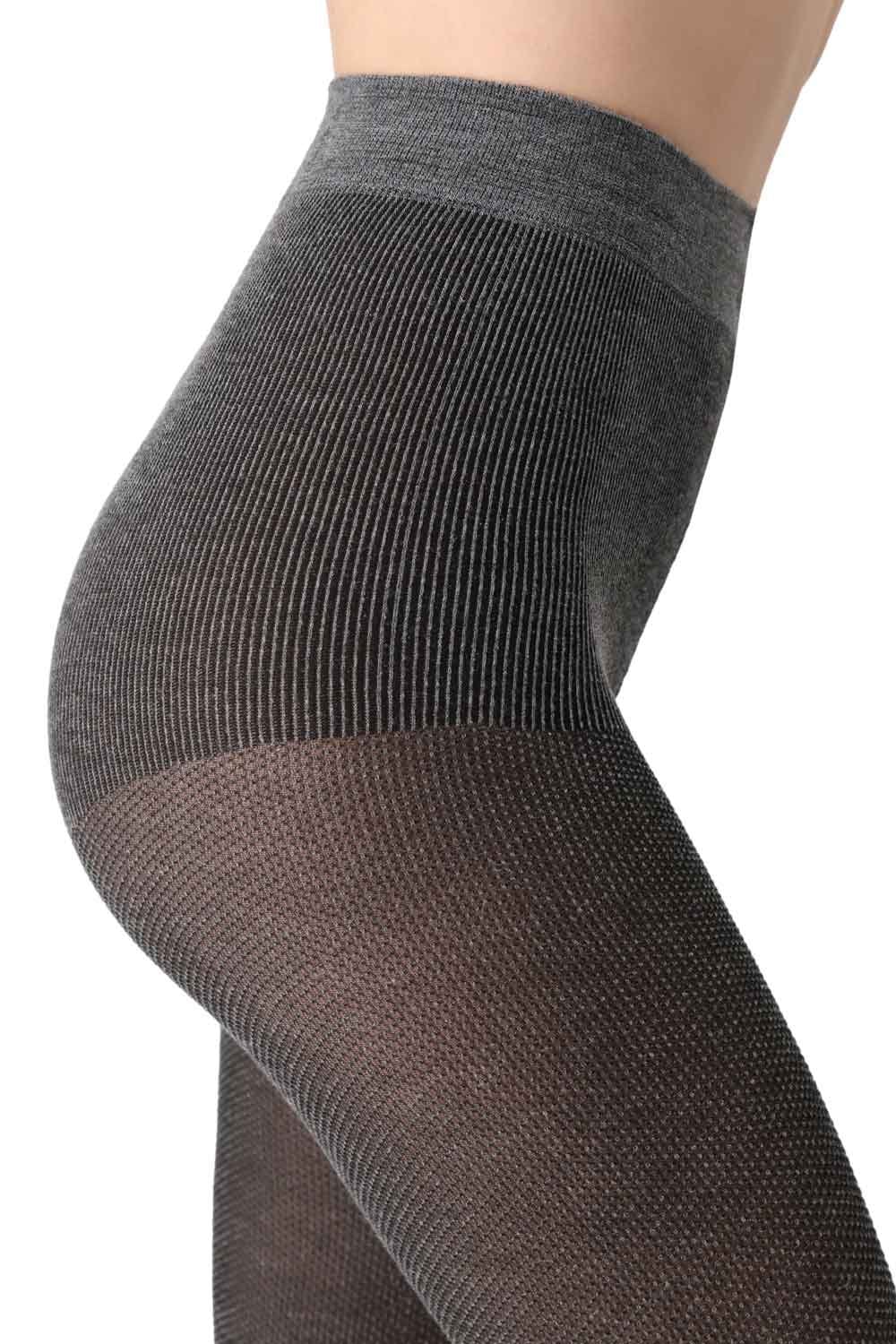 Anthracite coloured piquet opaque tights worn by a person on a white background