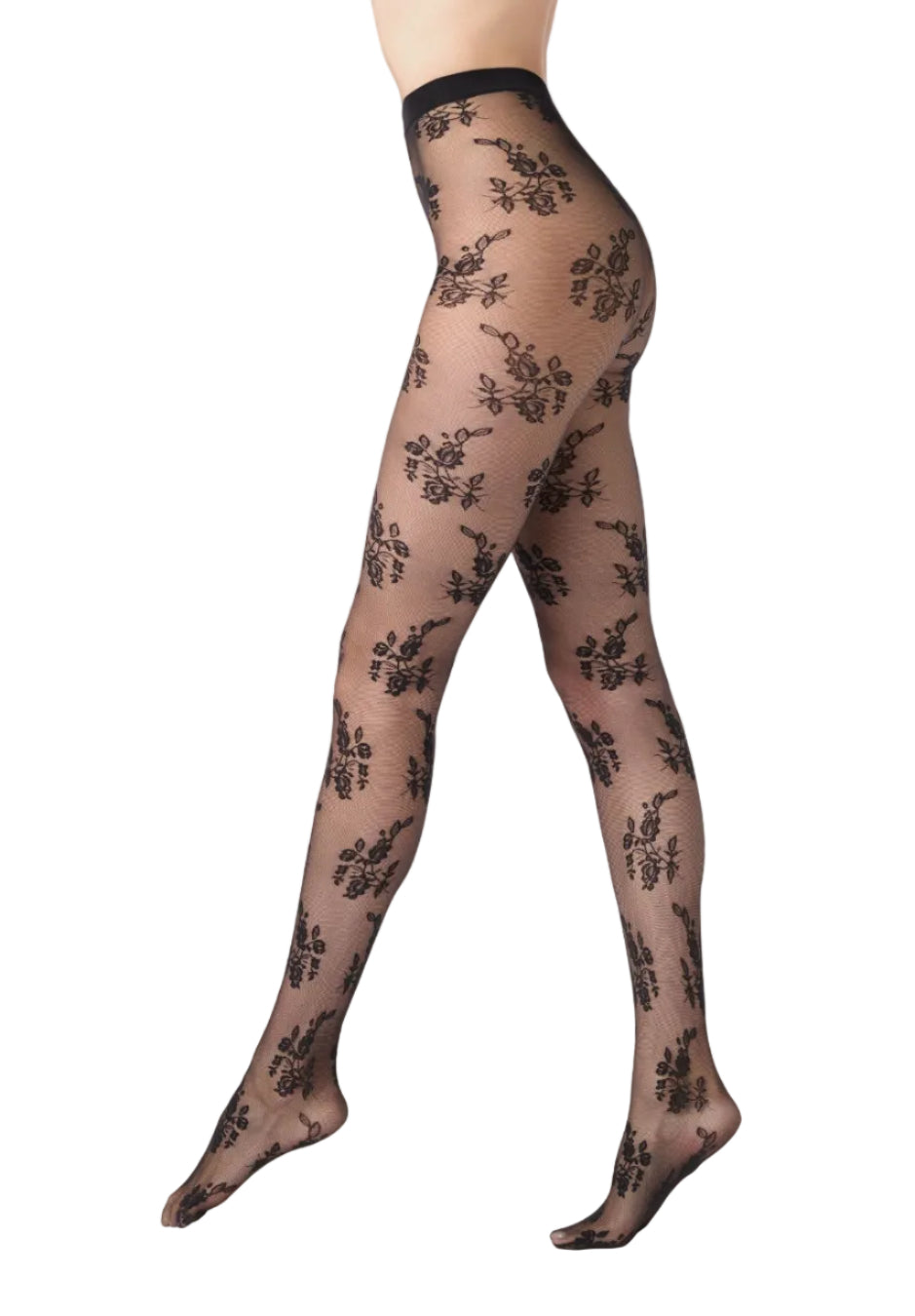 Black floral lace design patterned tights on a white background