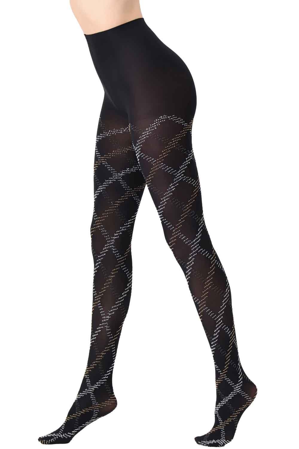 Black/grey tartan patterned tights worn by a person on a white background