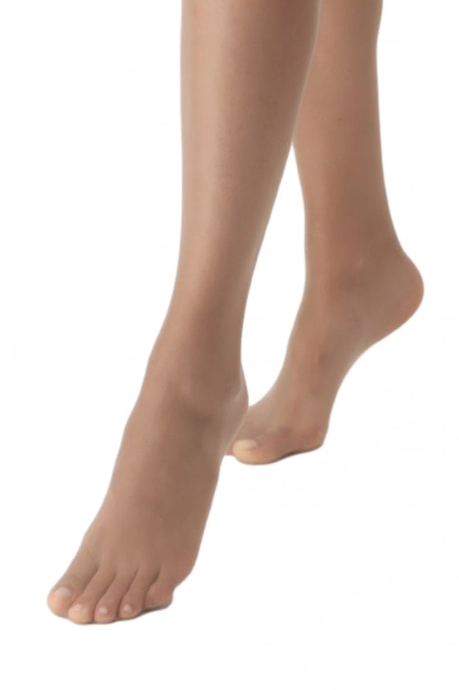 Close-up of a person's feet wearing sable coloured tights  on a white background