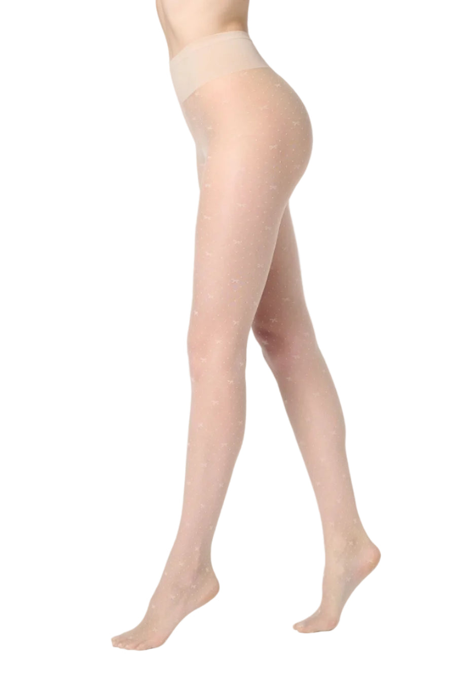 Sheer graceful tights with a micro pattern  worn by a model on a white background