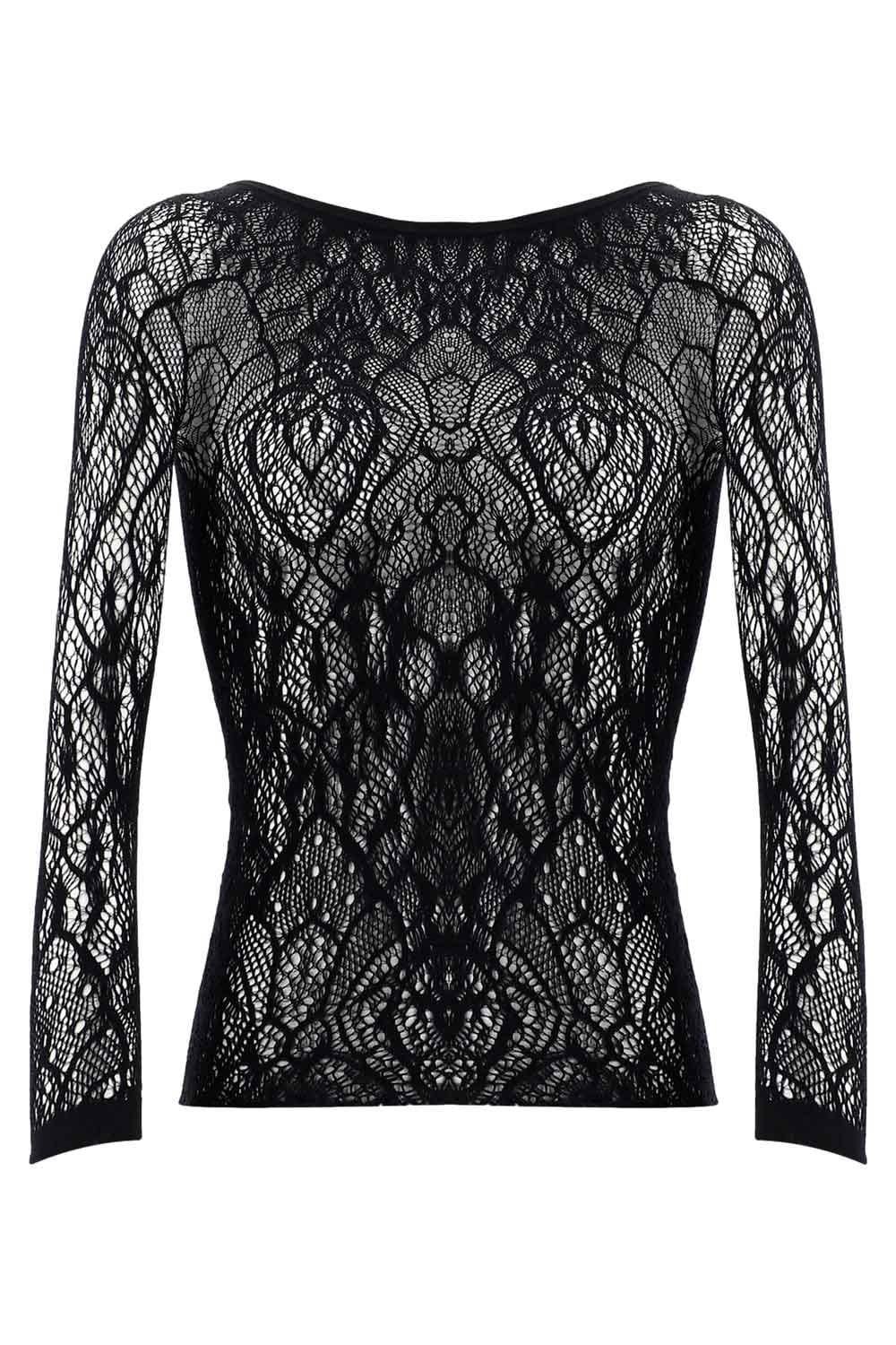 Black lace long-sleeve top on a white background