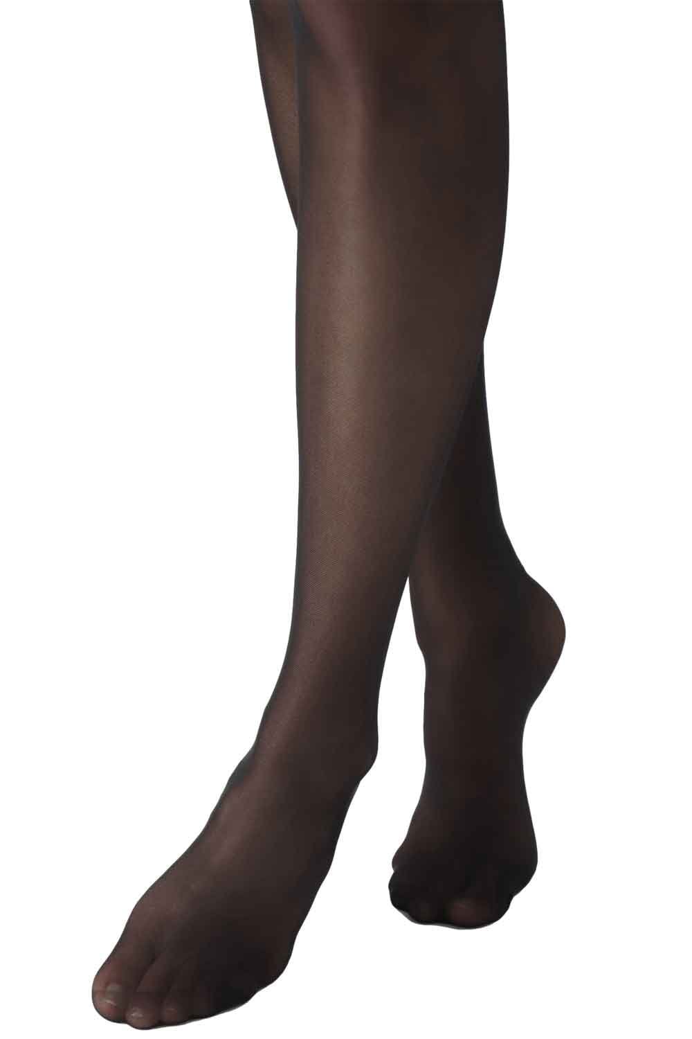 Black tights worn by a person on a white background