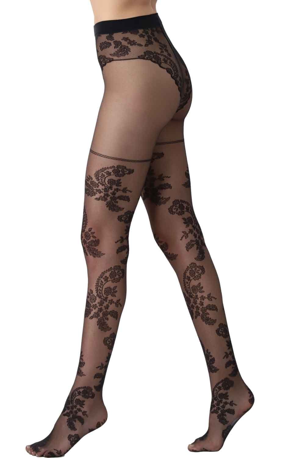 Black paisley floral patterned tights on a white background