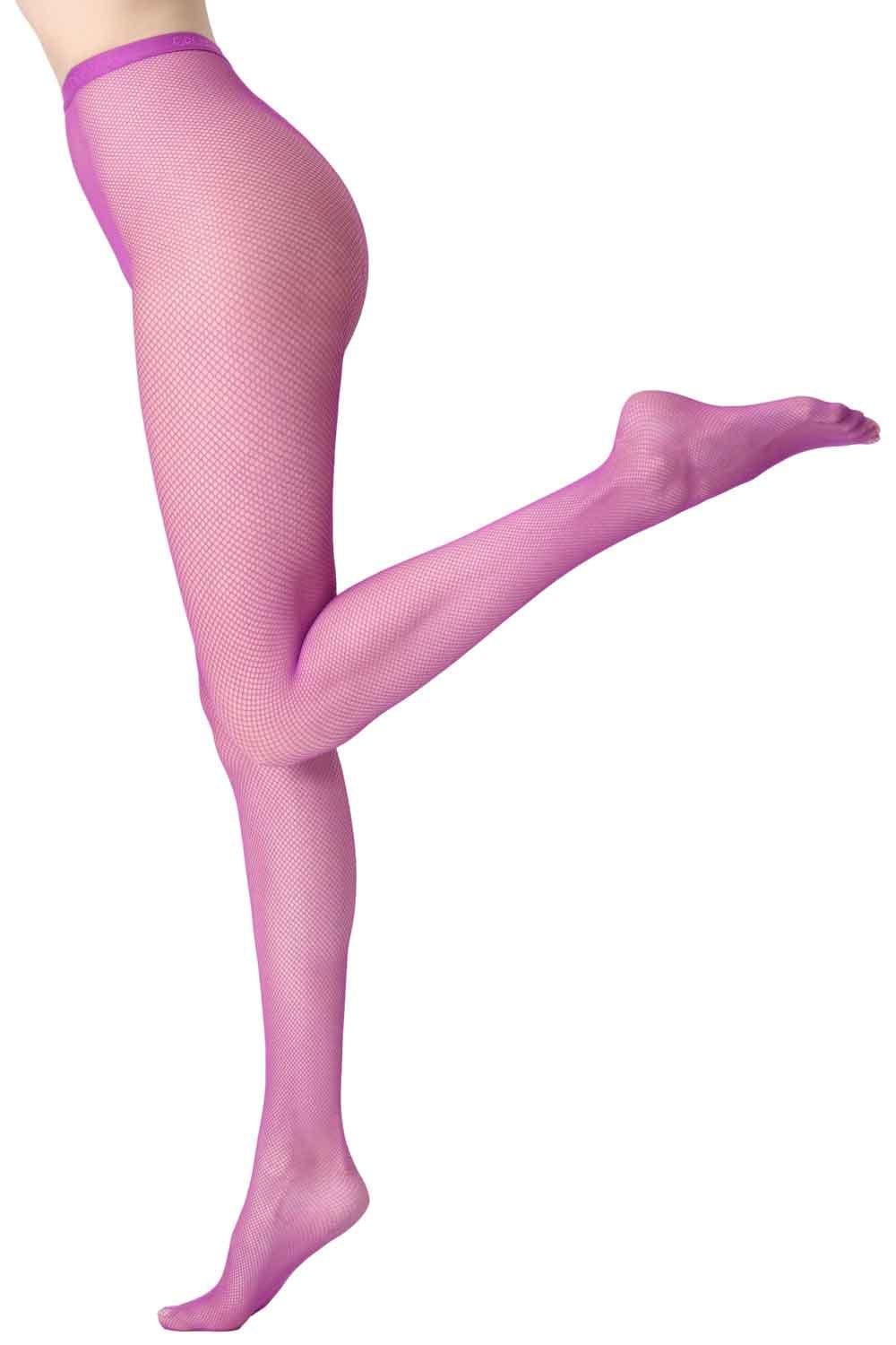 Oroblu pink fishnet tights worn by a person on a white background