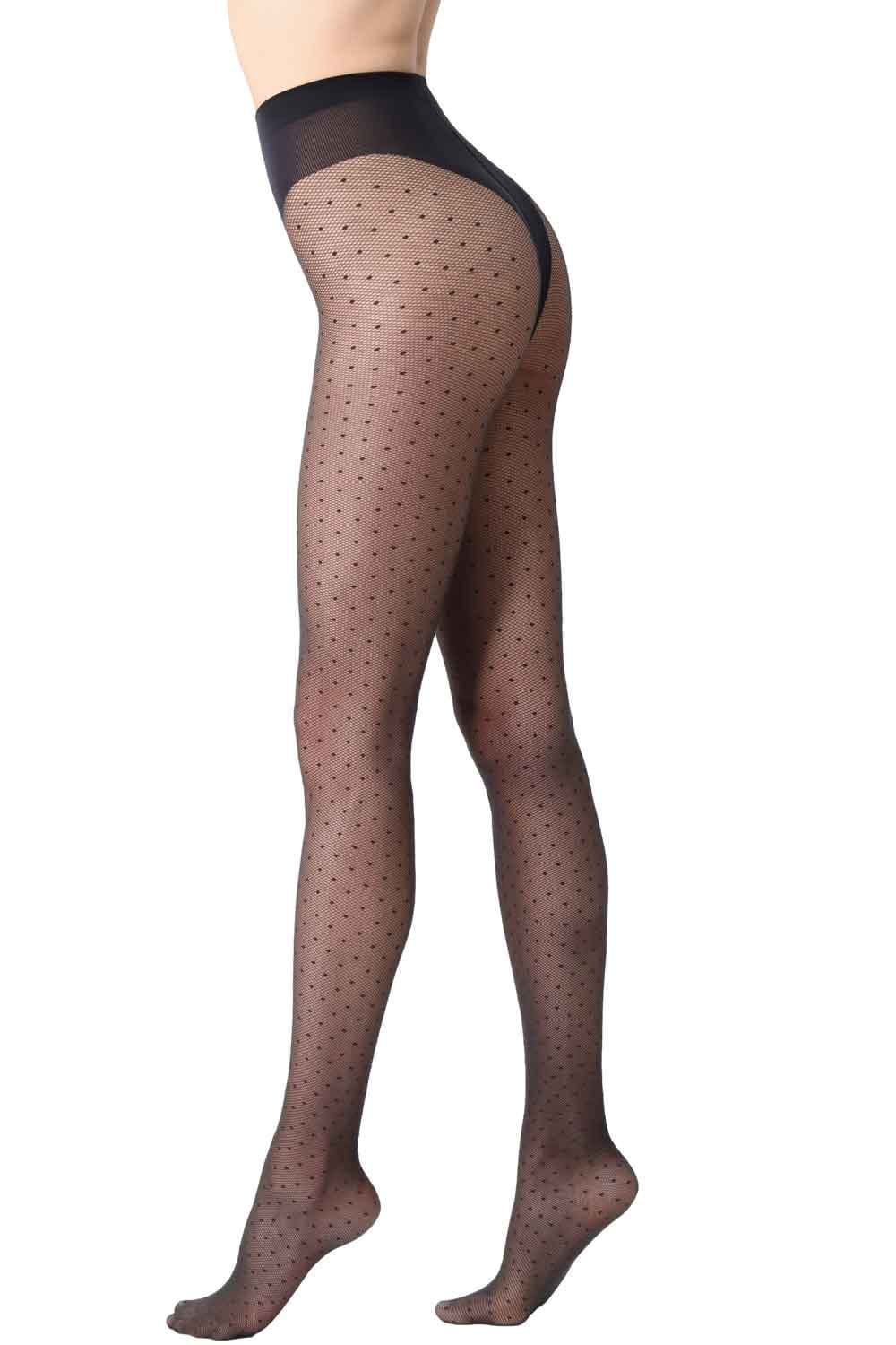 Sheer black polka dot tights on a white background