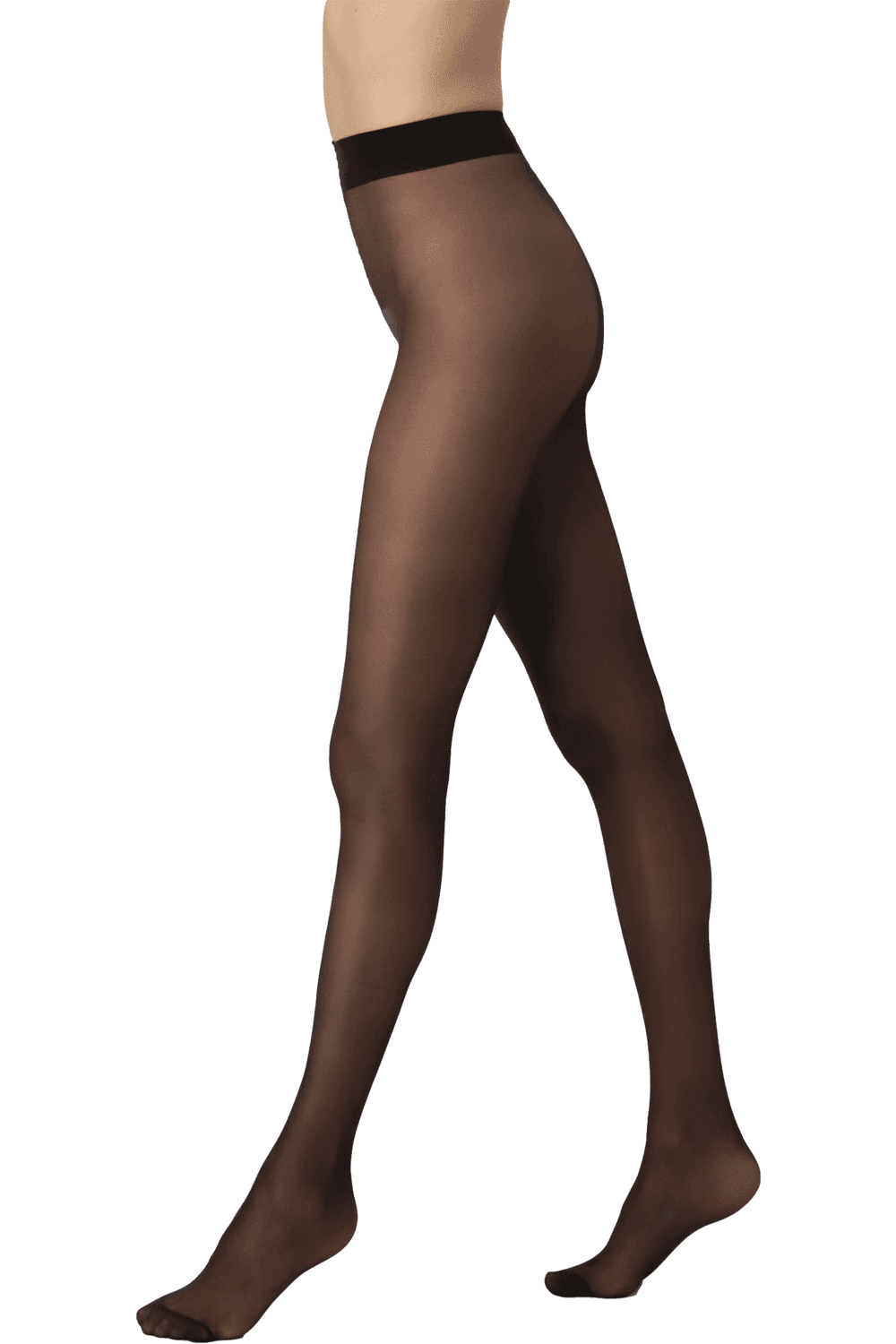 Black tights worn by a model on a white background