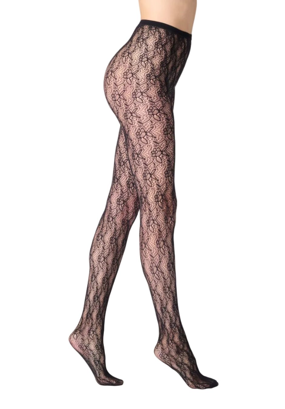 Black lace tights worn by a person on a white background