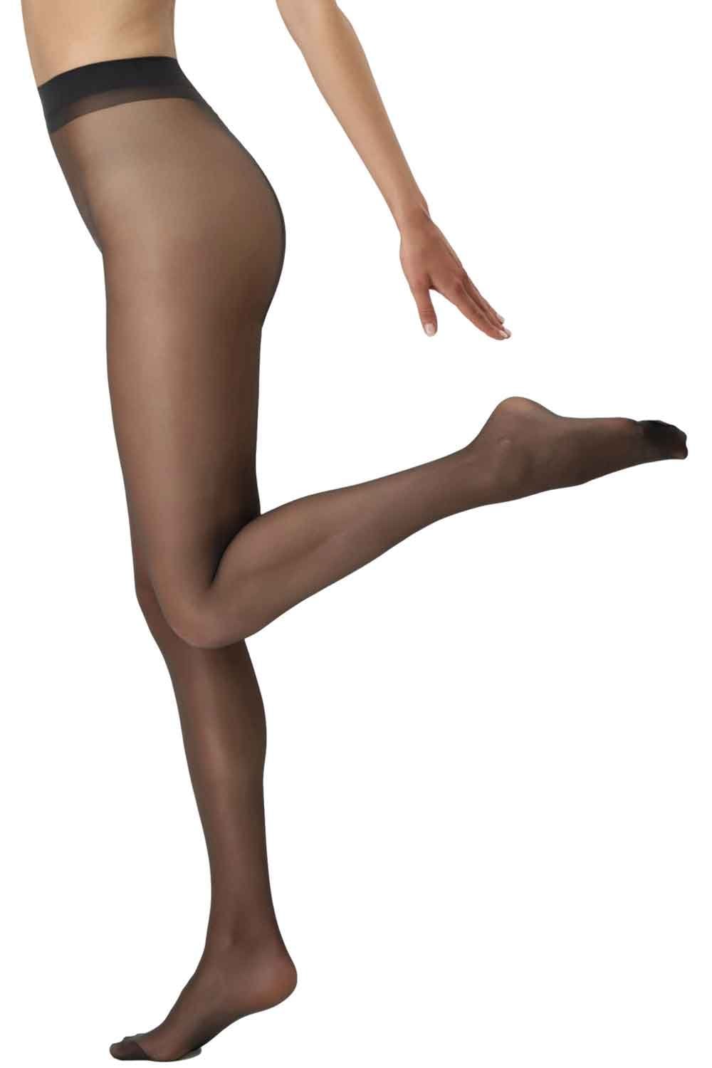 Sheer black tights worn by a person on a white background