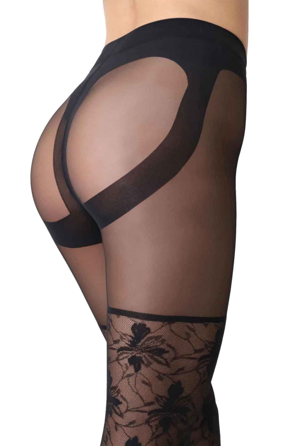 Black shock up tights  with floral pattern on a white background