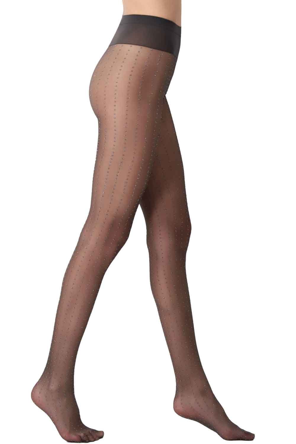 Sparkly glitter tights worn by a person on a white background