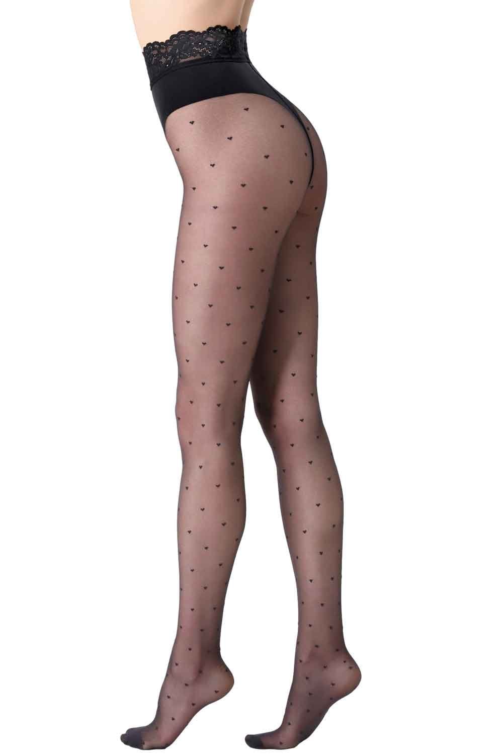 Black polka dot tights with lace waistband on a white background