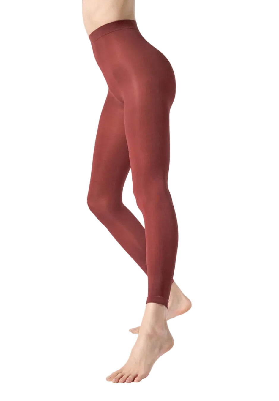 Dark red leggings worn by a person on a white background