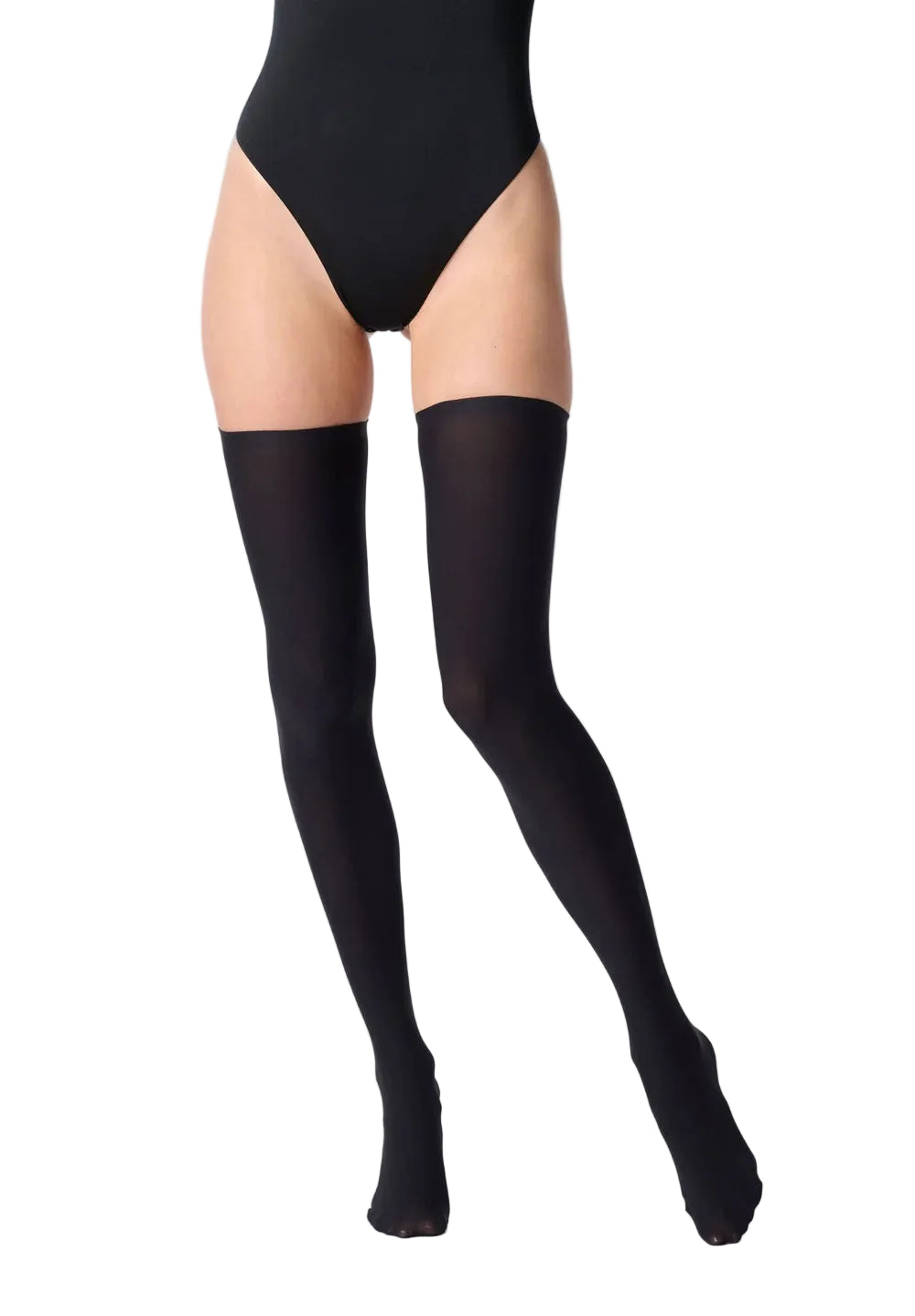Black opaque hold ups worn by a model, paired with a black bodysuit, shown against a white background