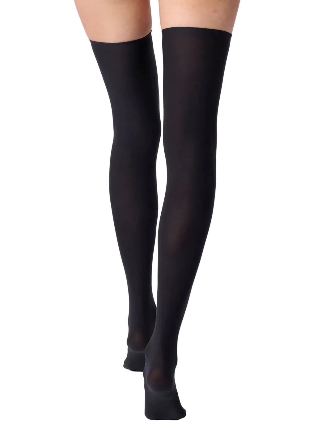 Black opaque hold ups worn on a model's legs, against a clean white studio background.
