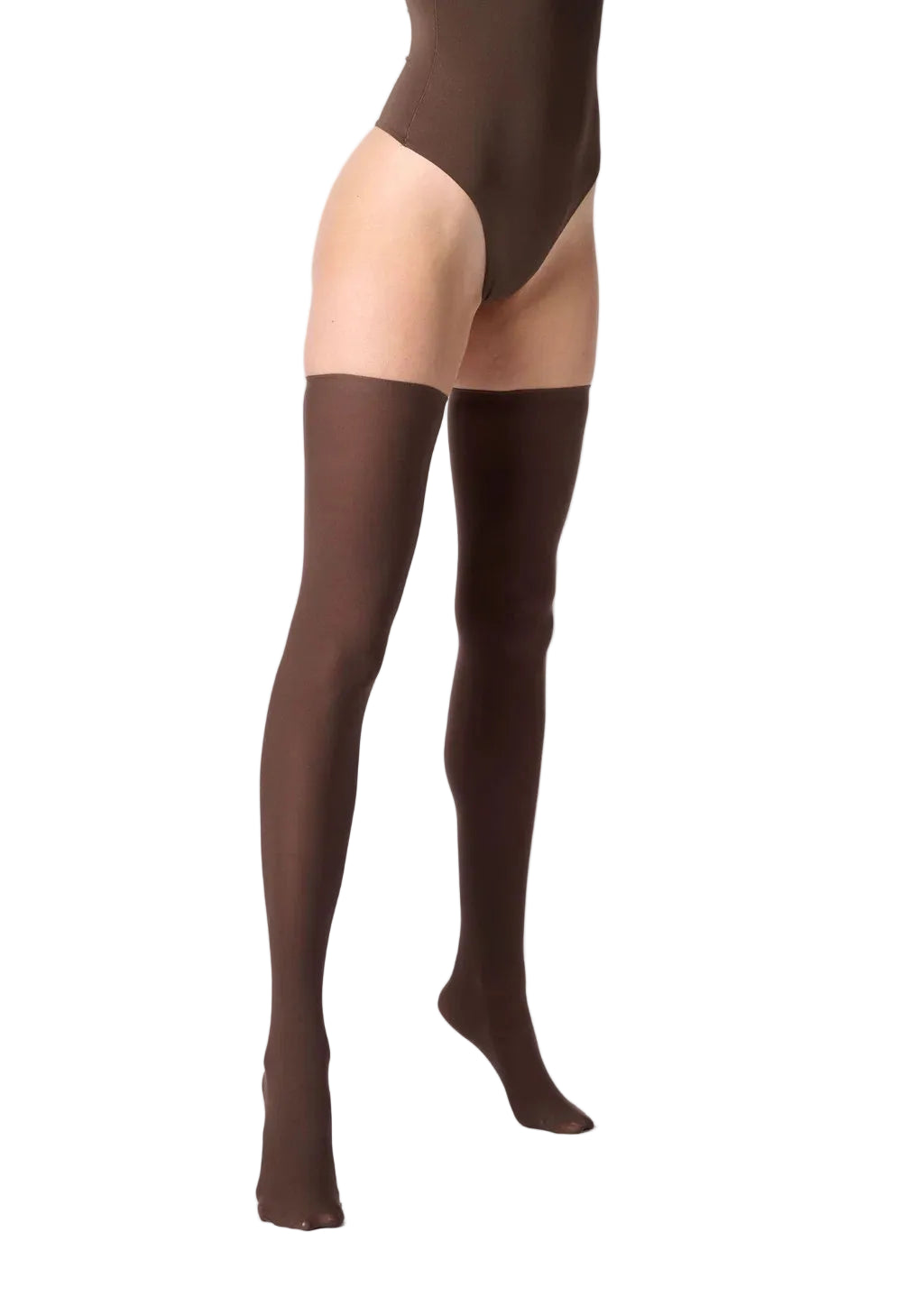 A model's legs wearing dark brown hold ups , paired with a matching dark brown bodysuit, shown against a white  studio background.