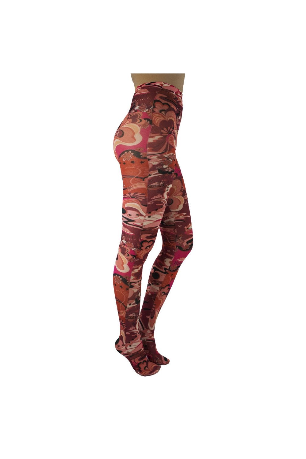 Outer space patterned burgundy tights on a white background
