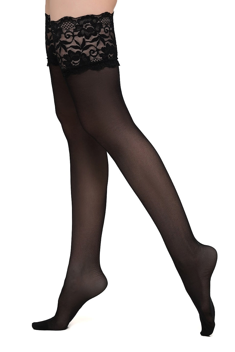 Black sheer hosiery with a floral lace waistband, shown on a model's legs against a white background.