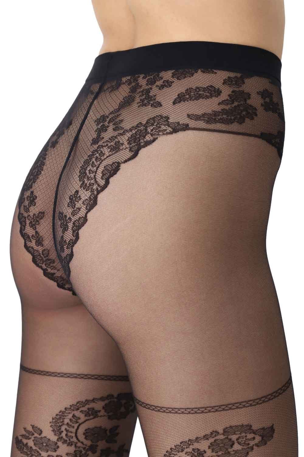 Black paisley floral patterned tights  on a white background