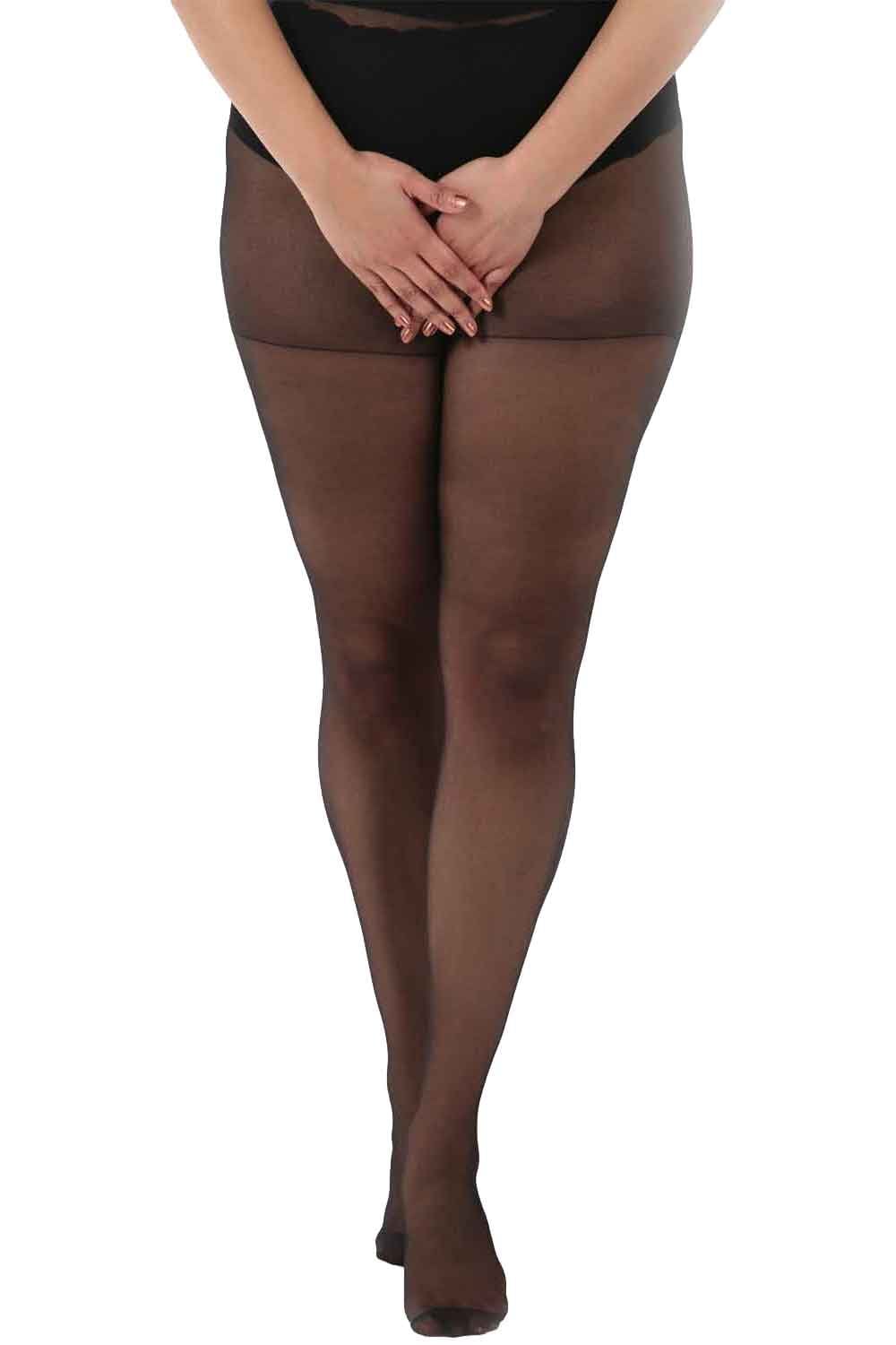 Black sheer crotchless tights worn by a person on a white background