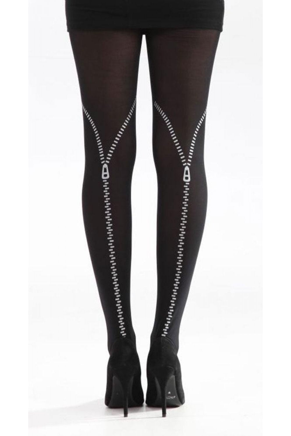 Black tights with silver zipper design worn by a person on a white background