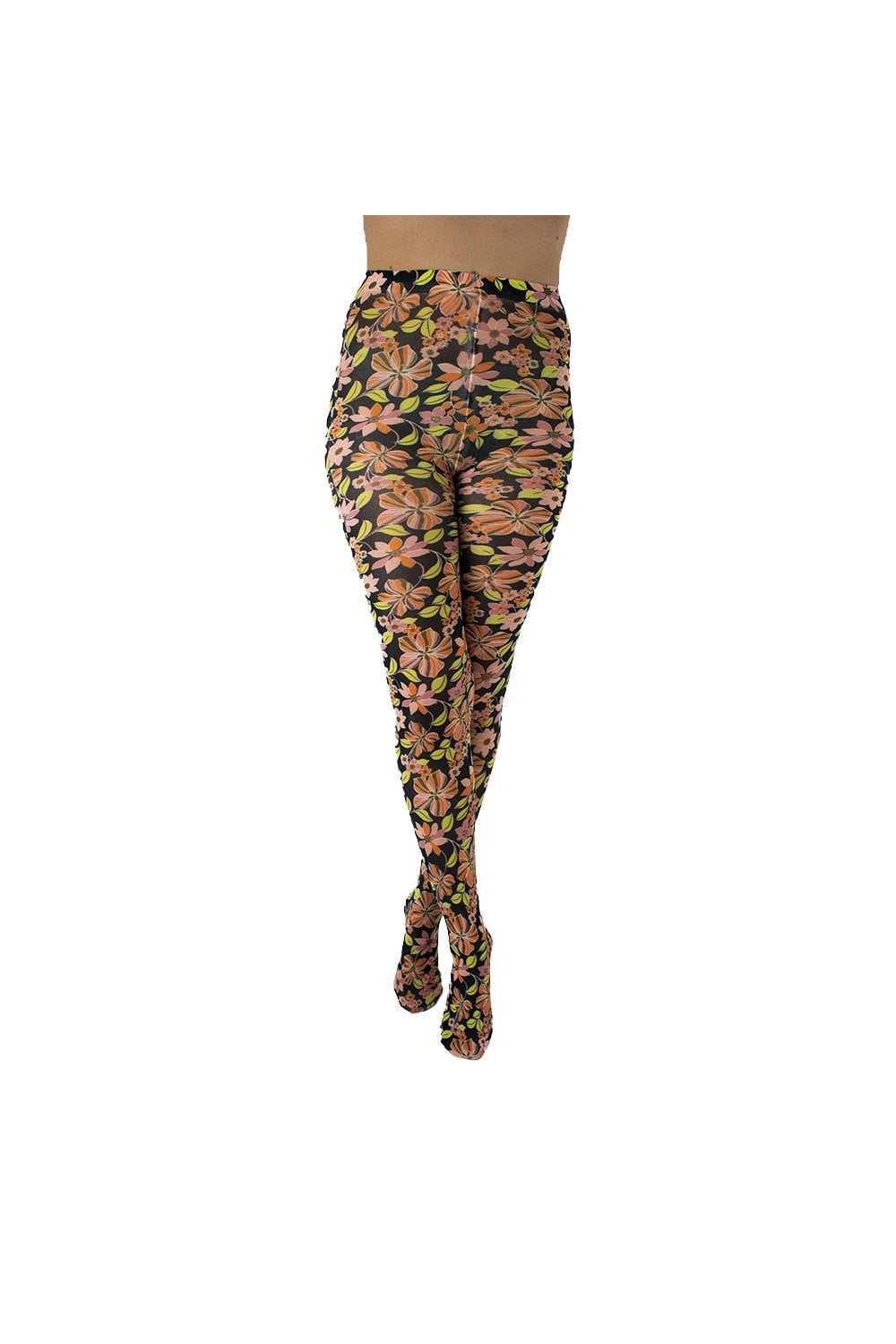 Coloured pop floral patterned tights on a white background