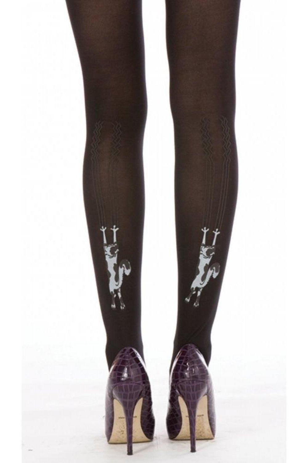 Flocked climbing cat tights on a person on a white background