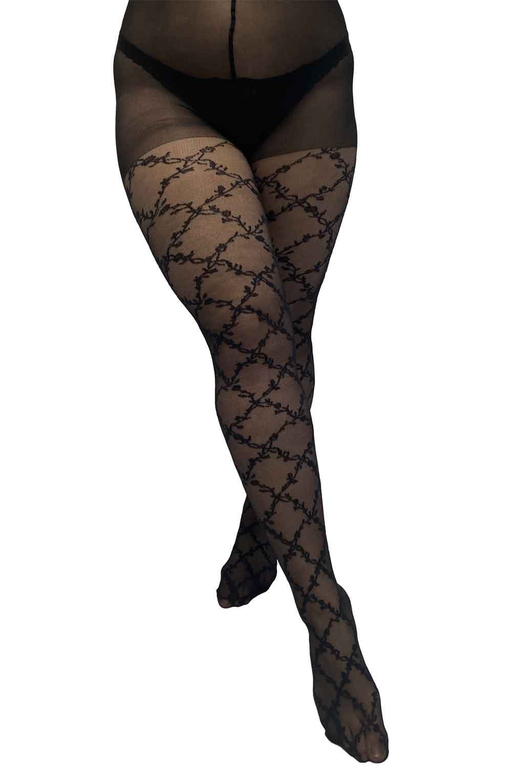 Floral criss cross pattern curvy tights on a white background