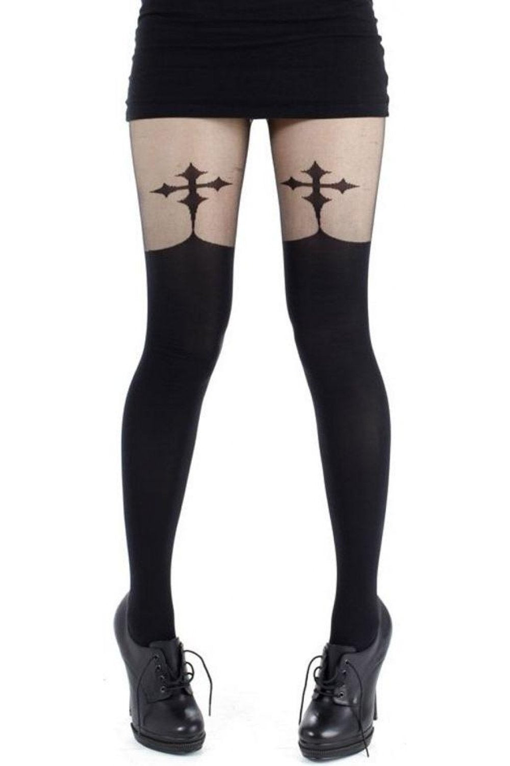 Goth cross suspender tights worn by a person on a white background