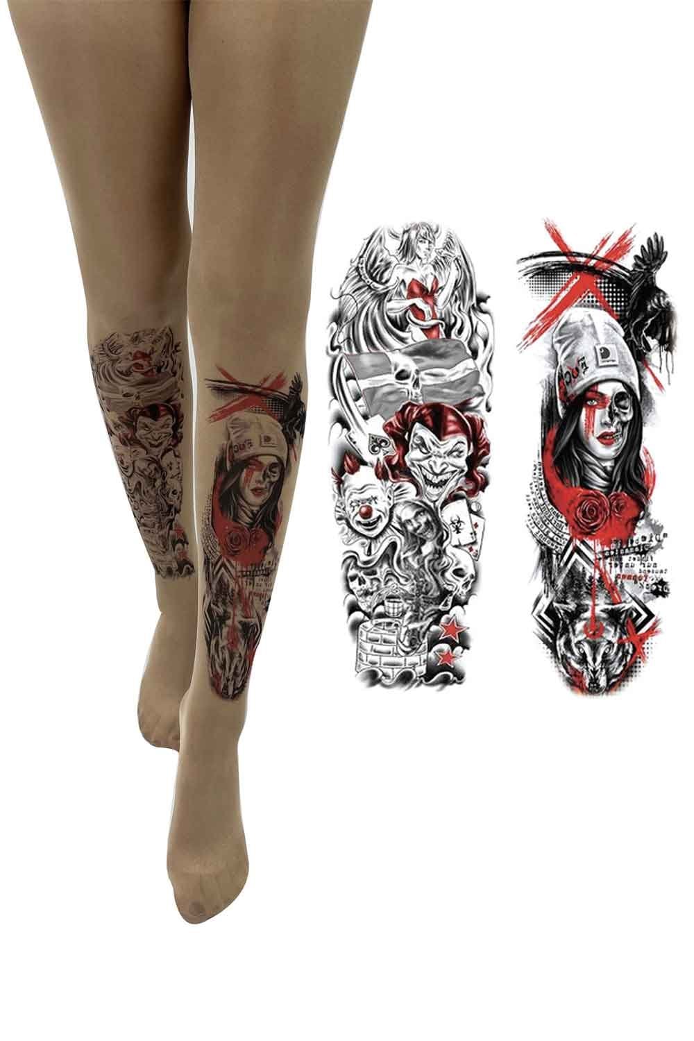 Art Tatto printed tights with a display of tattoo designs on a white background