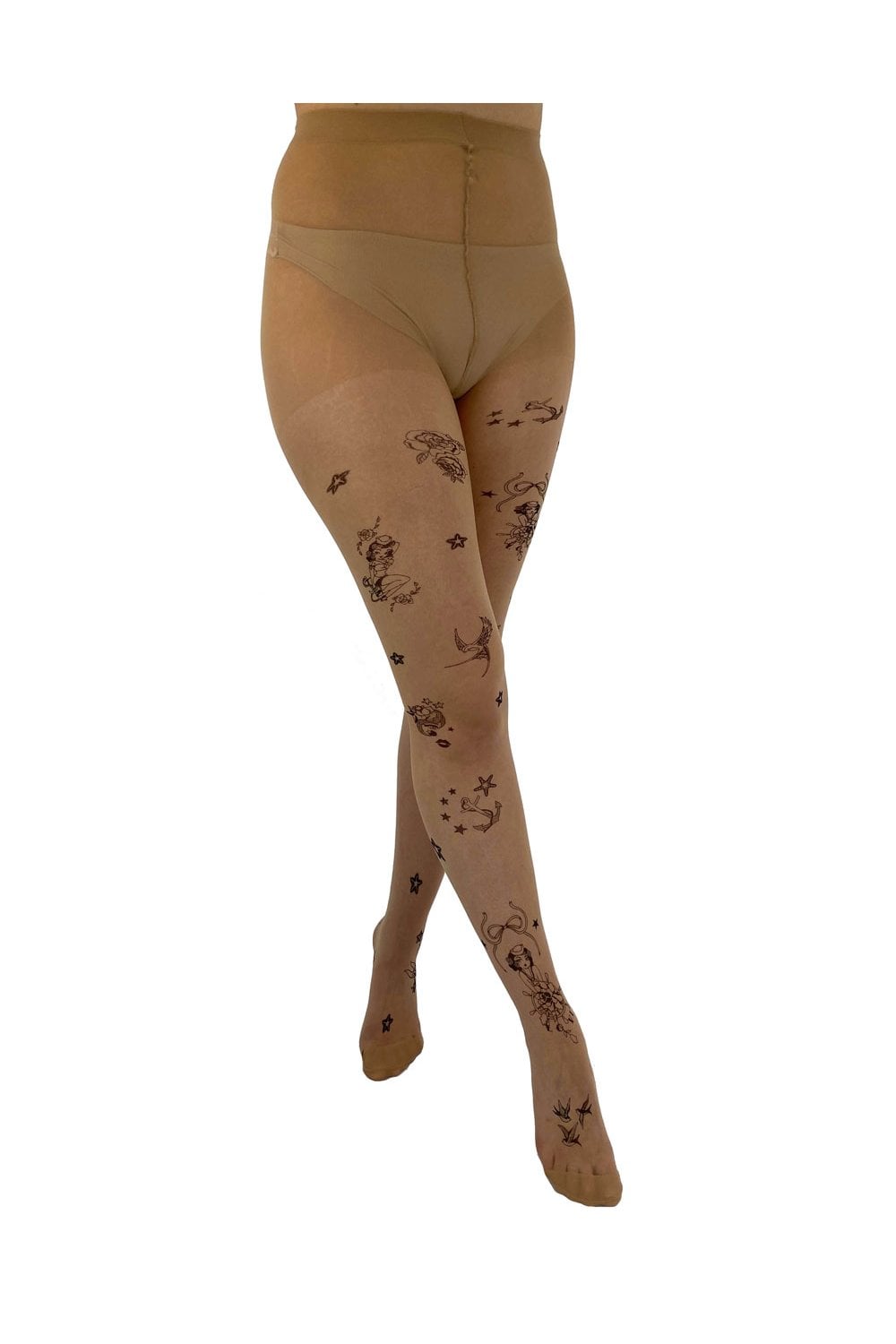 Beige tights with tattoo design  patterns on a white background