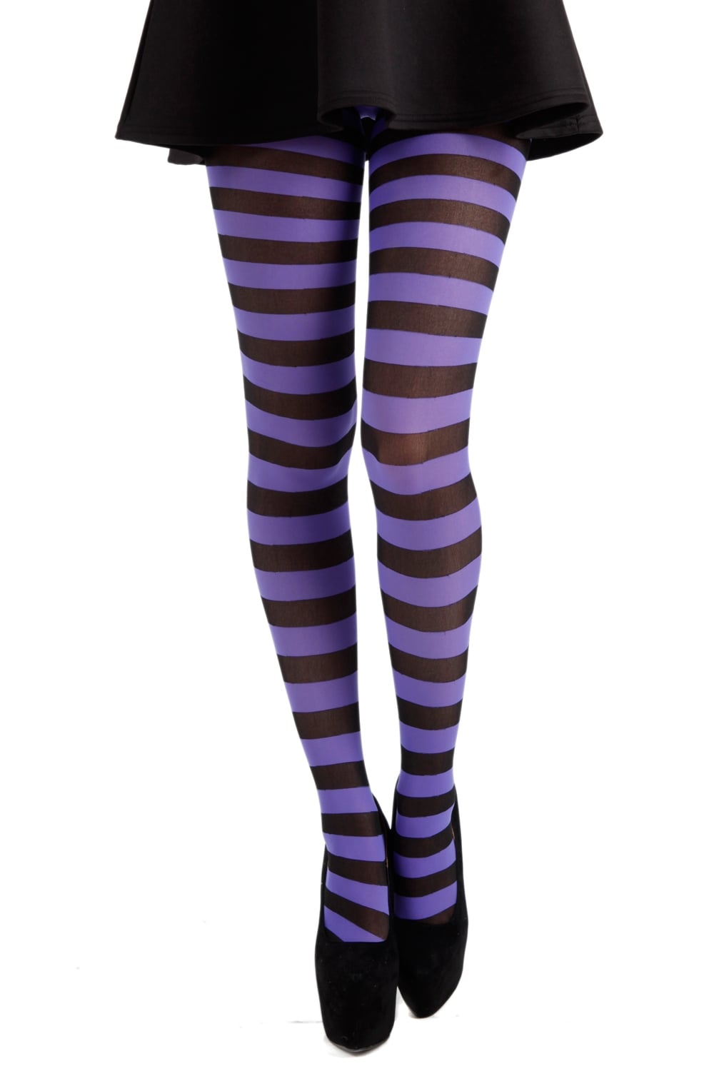Purple and black striped tights worn by a person on a white background