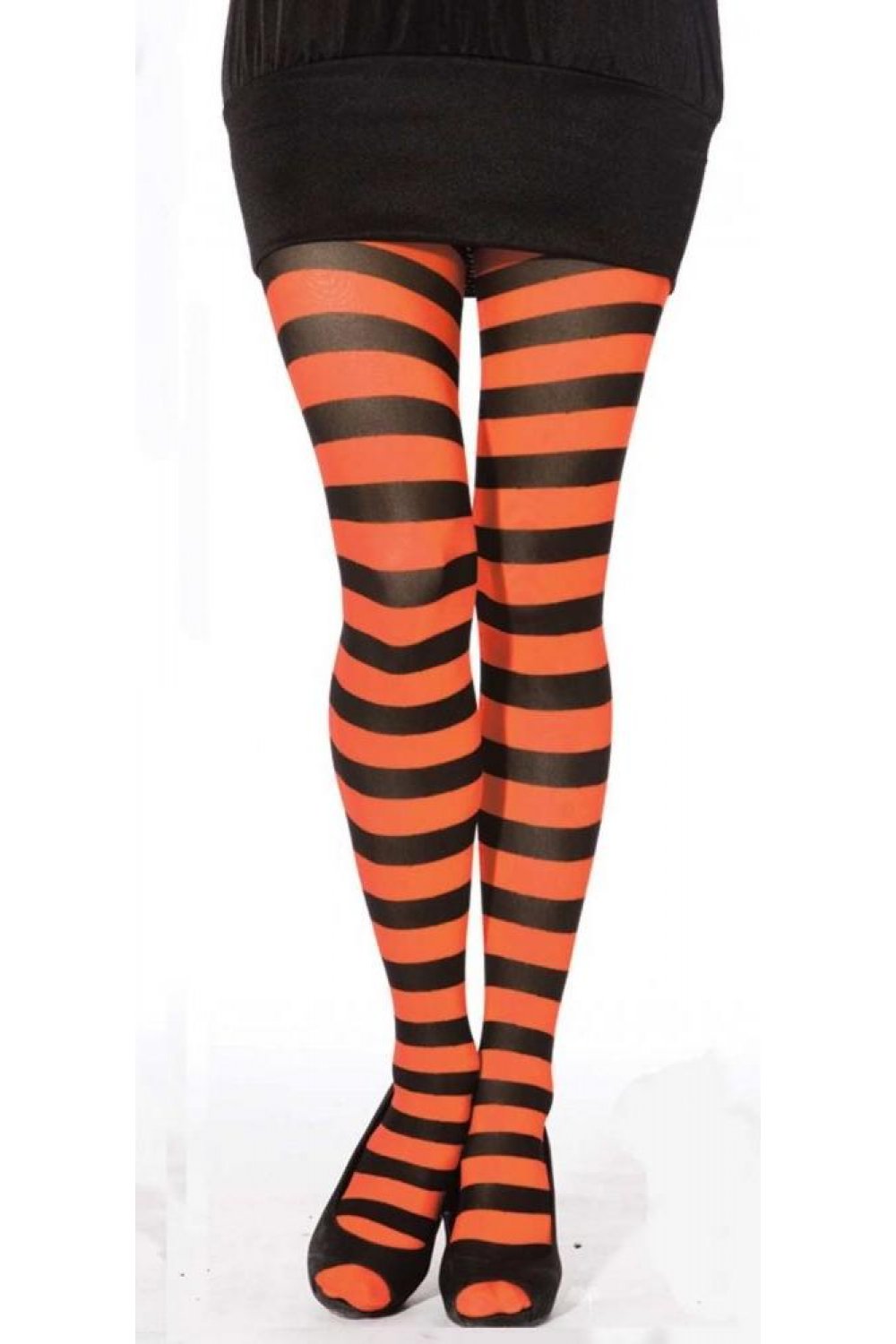 Black and orange flourescent  striped tights on a white background
