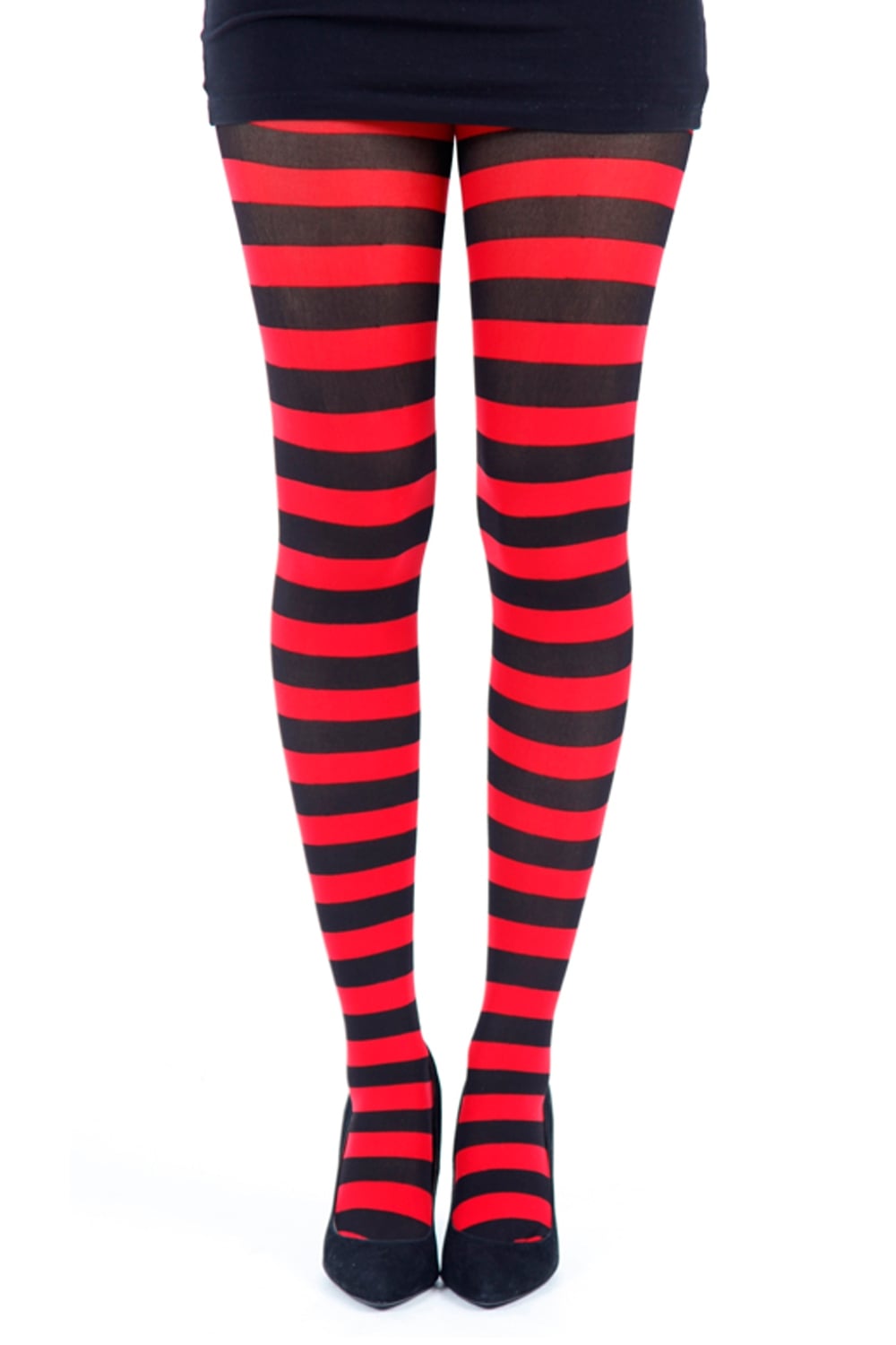 Red and black striped tights on a white background