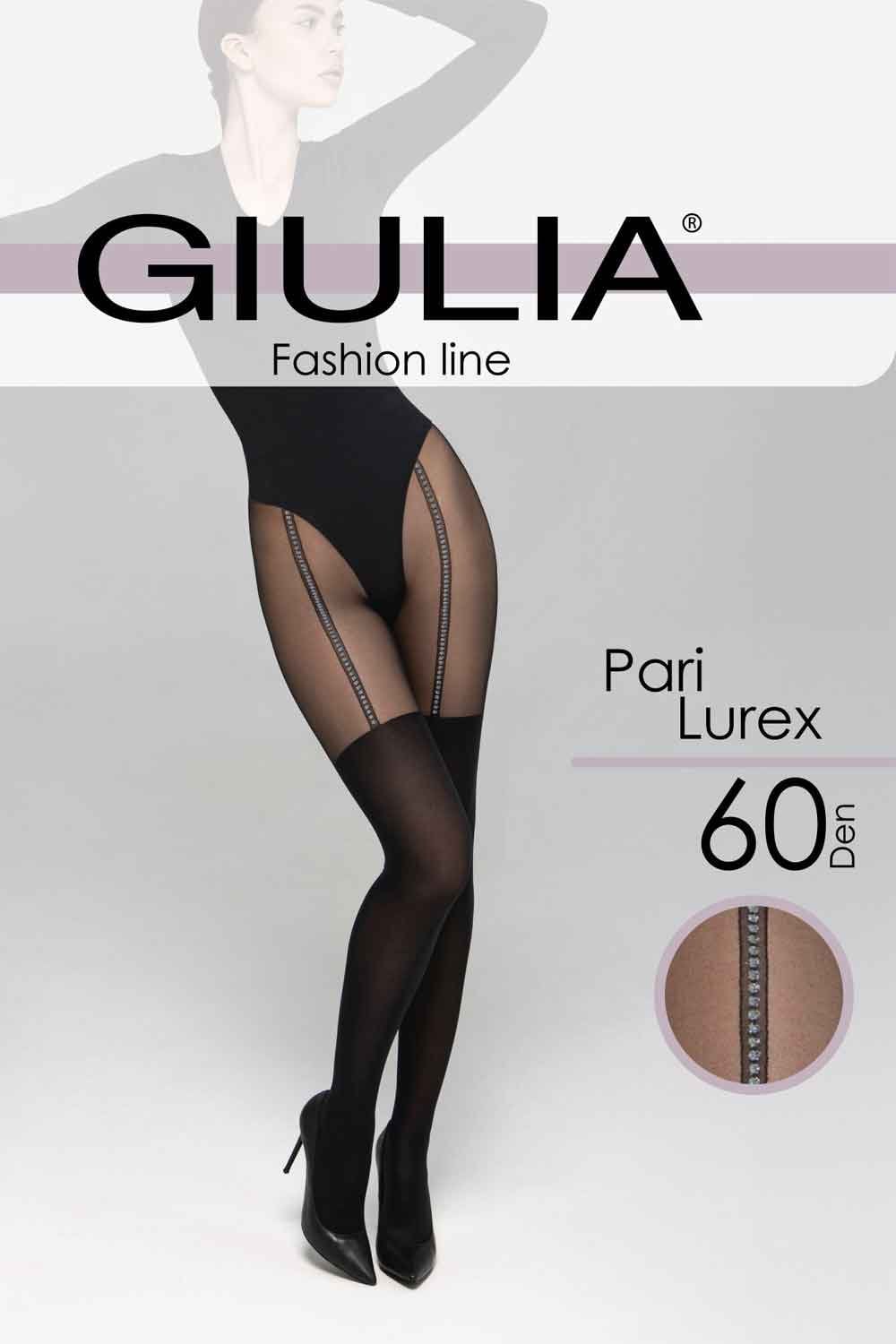 Black lurex suspender tights worn by a model, branded as Giulia on a white background.