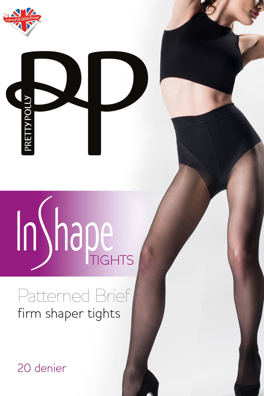 Pretty Polly InShape tights packaging with a model wearing black tights on a white background