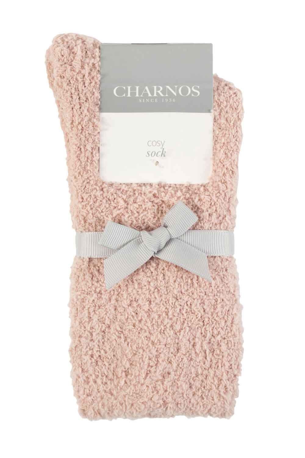 Peach fuzzy sock with a gray bow and 'Charnos' label on a white background