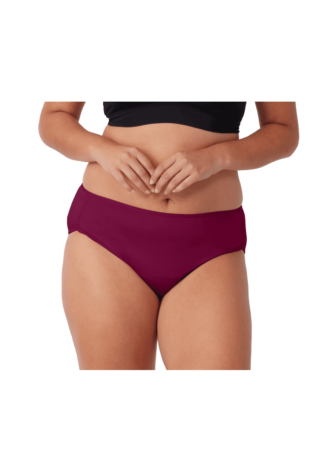 Person wearing plum coloured period midi brief on a white background