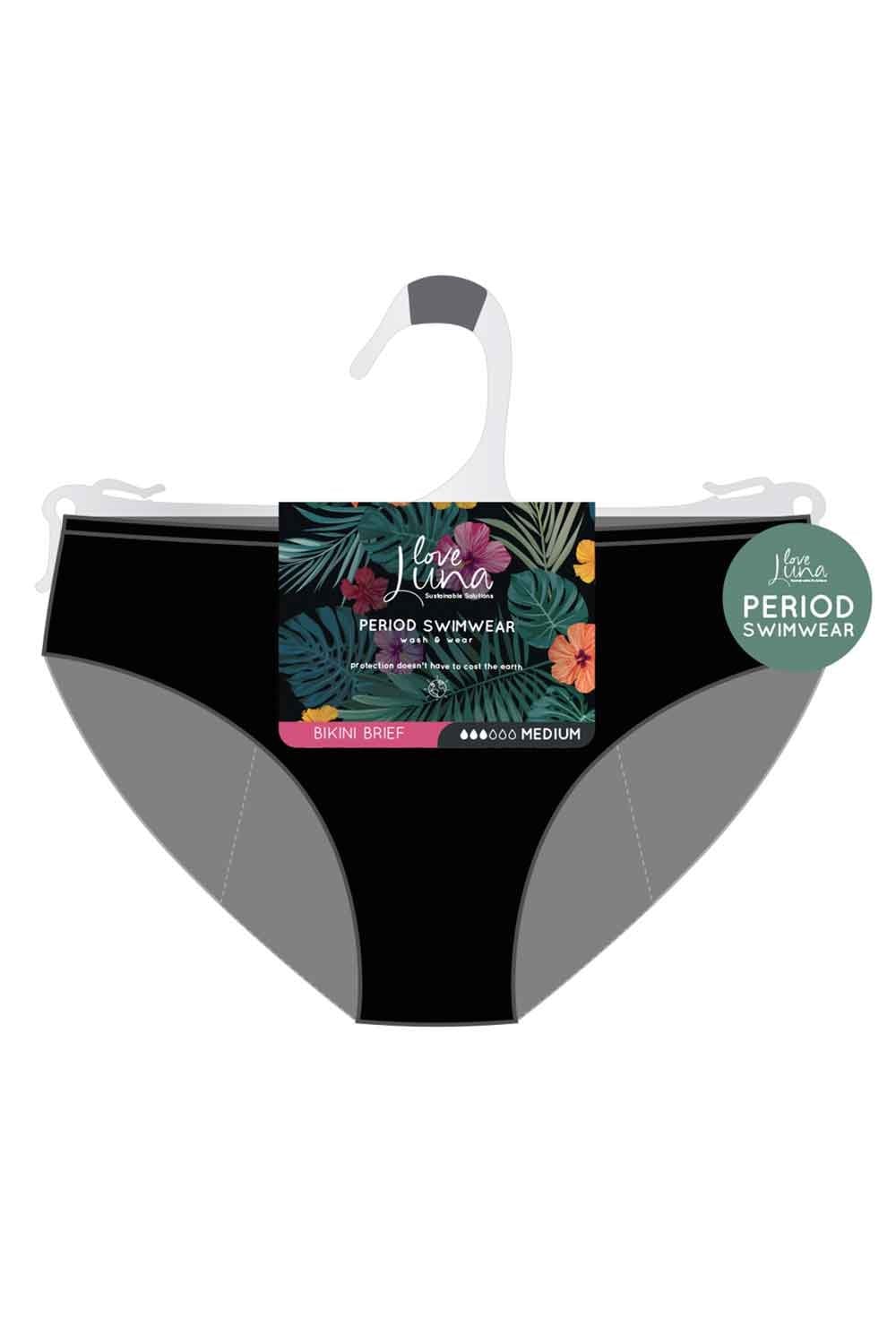 Black period bikini brief swimwear on a hanger with a colorful label on a white background